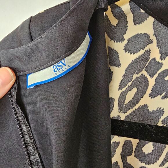 ASV Asava Black & Cheetah Print Satin Short Sleeve Back Zip Peplum Blouse 8 - Picture 4 of 7